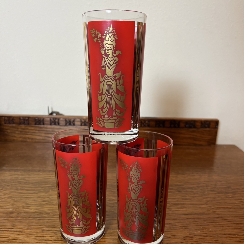 Culver Mandalay Thai Goddess Glasses Set of 3 Red Gold Mid Century